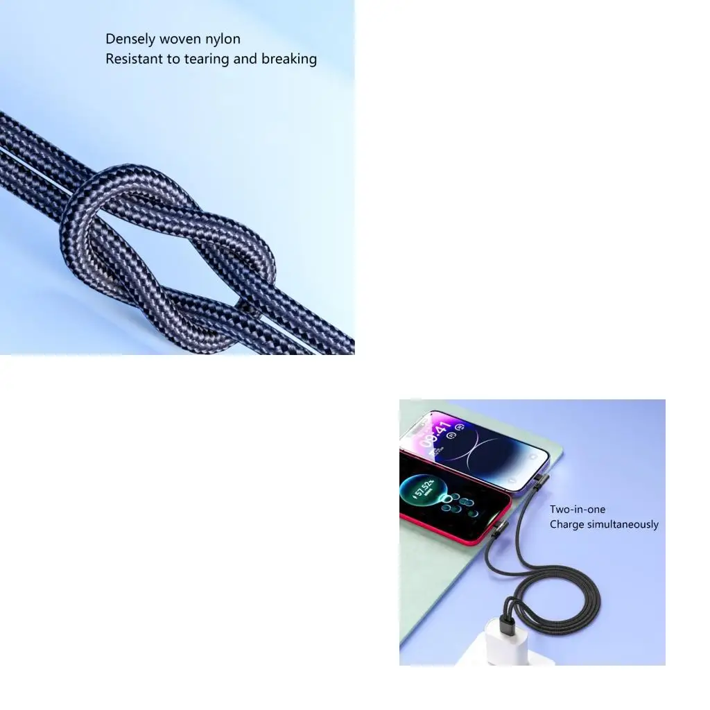 

652F Угловая USB и тип C Кабель быстрого зарядки 5A Двойной шнур с двойной головкой для нескольких устройств для нескольких