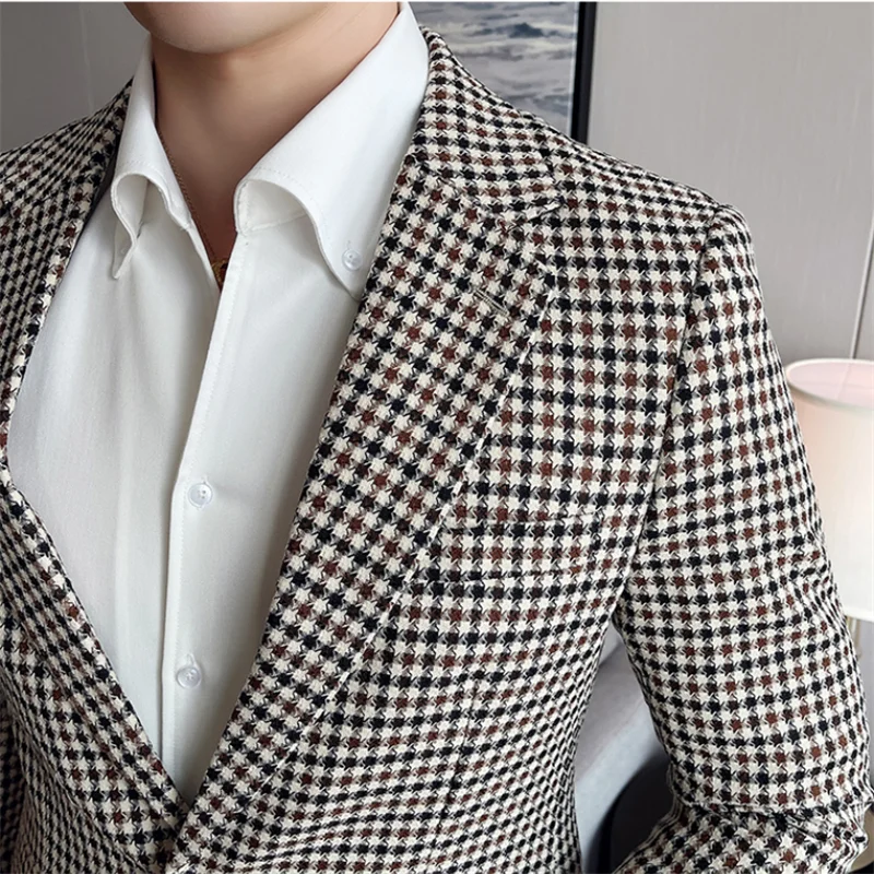 British Style Slim Fit Houndstooth Blazer Men 2022 Fashion  Business Office Wedding Dress Suit Jacket High Quality Male Blazers