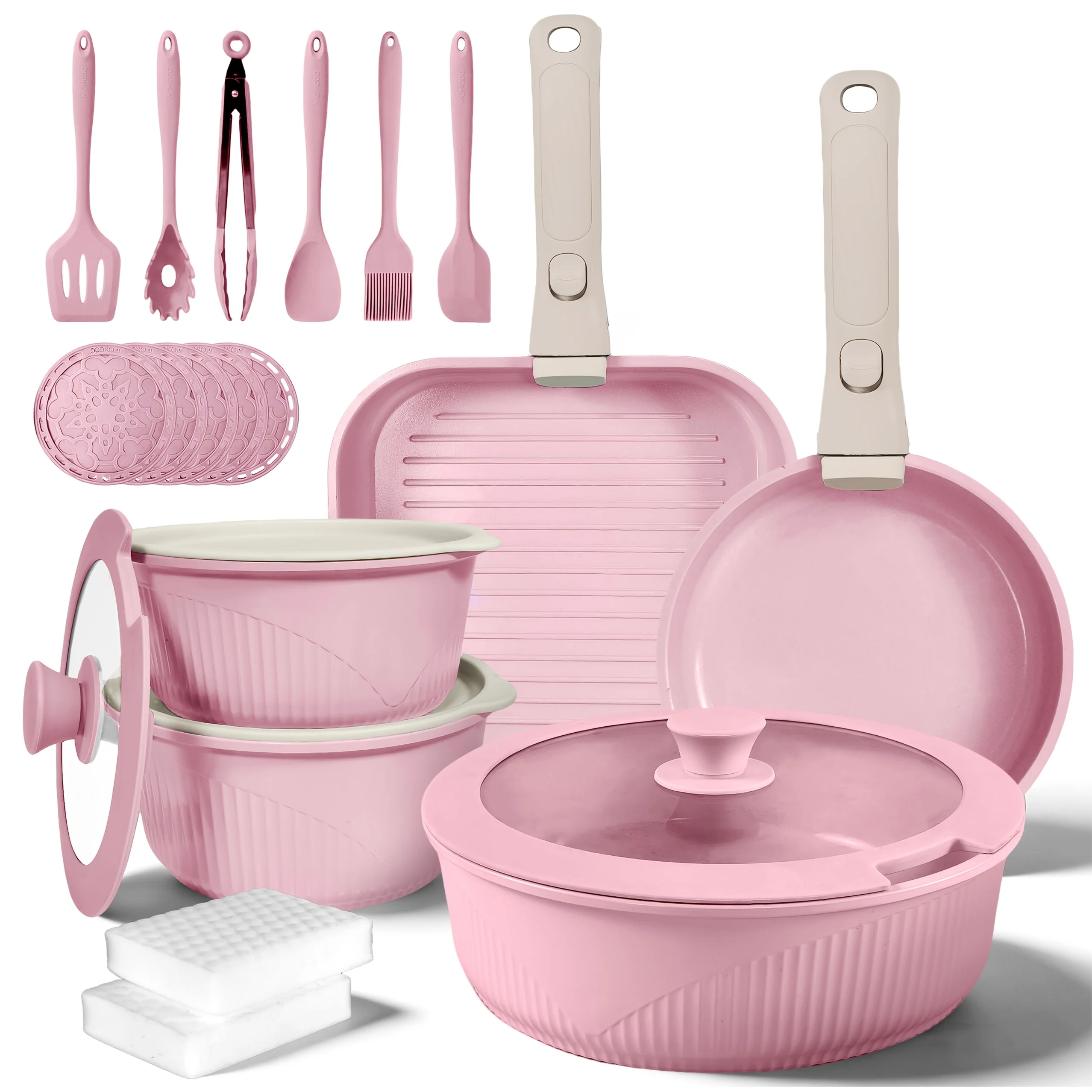 

Набор посуды из 24/7/5 предметов: антипригарные кастрюли и сковороды, подходят для индукционных плит, включают сковороду-сотейник, сковороду для жарки и кастрюлю для супа.