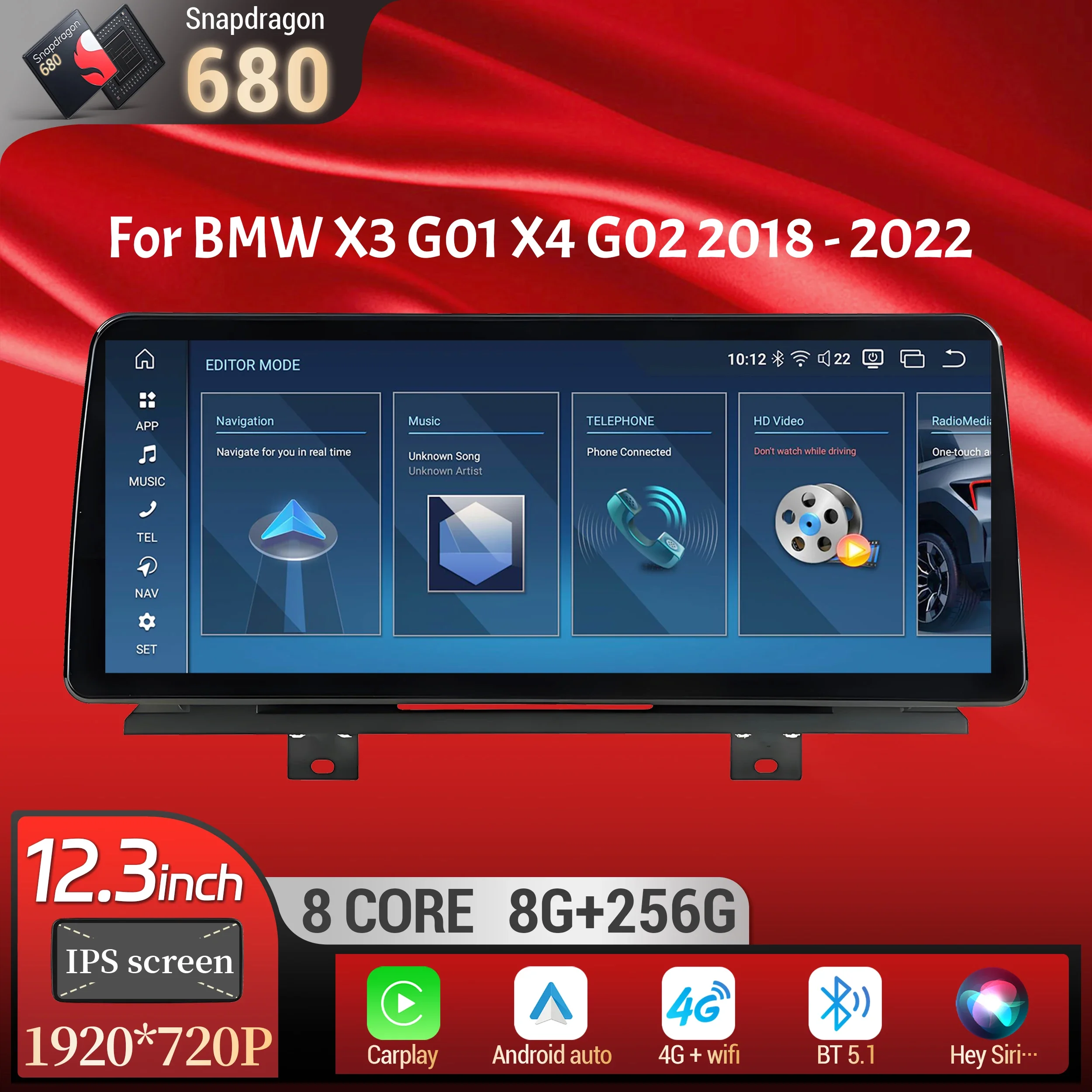 12.3 inch Android 13 For BMW X3 G01 X4 G02 2018-2022 Car Radio 4G GPS Wireless Bluetooth Carplay Snapdragon 680 Head Unit Screen