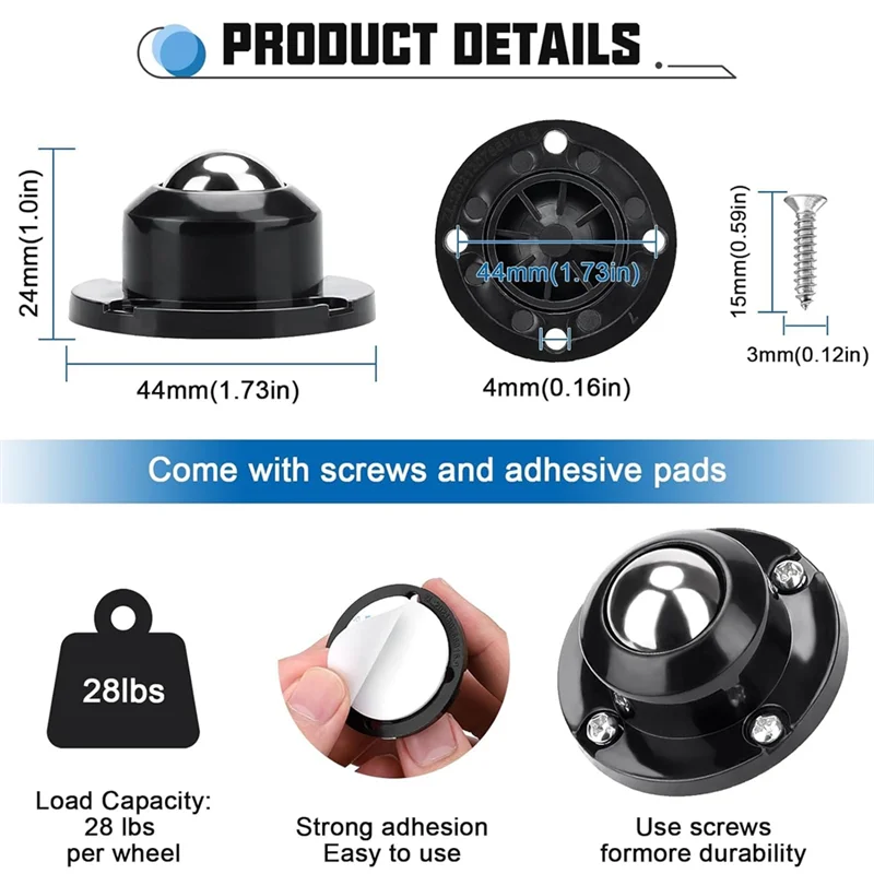 A64Z 16Pcs1inch Self Adhesive Caster Wheels For Furniture,28LBS Load Capacity, Swivel Wheels For Small Appliance Storage Bins