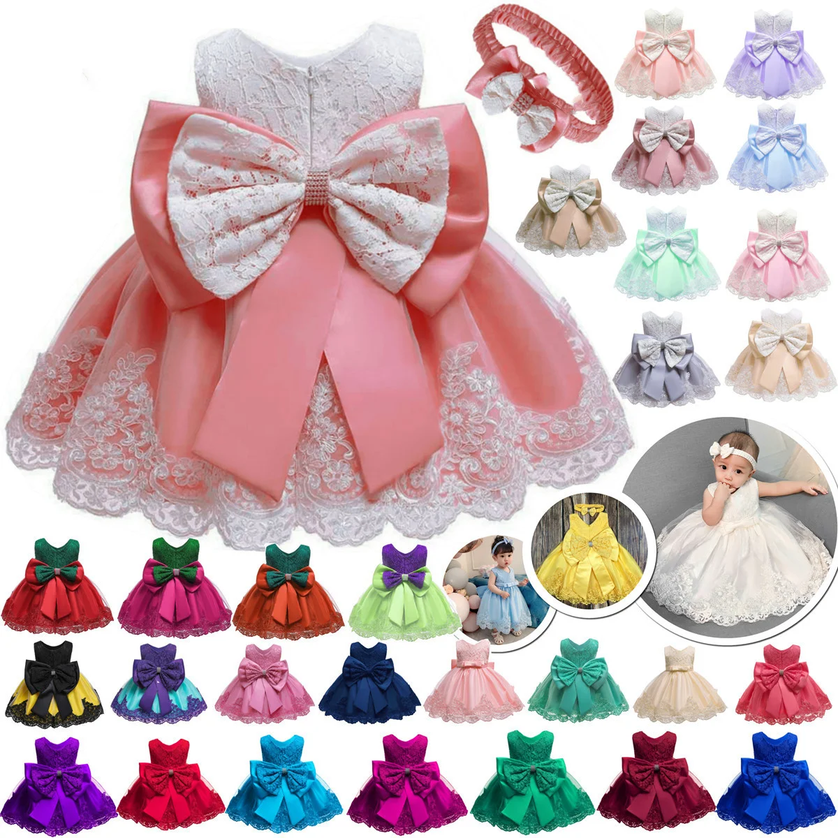 

Kids Baby Bow Girls Party Lace Dress Wedding Bridesmaid Dresses Princess 0-120CM Girls Sleeveless Bow Dress