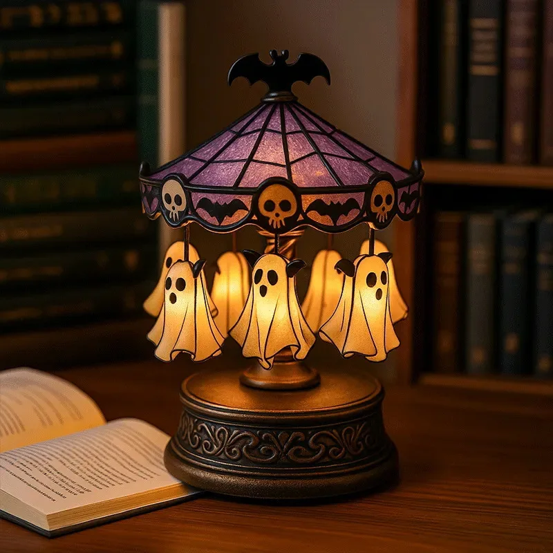 

Halloween Ghost Carousel Night Floor Lights Vintage Stained Glass Carousel Table Lamps For Bedroom Home Kitchen Mantel Tabletop