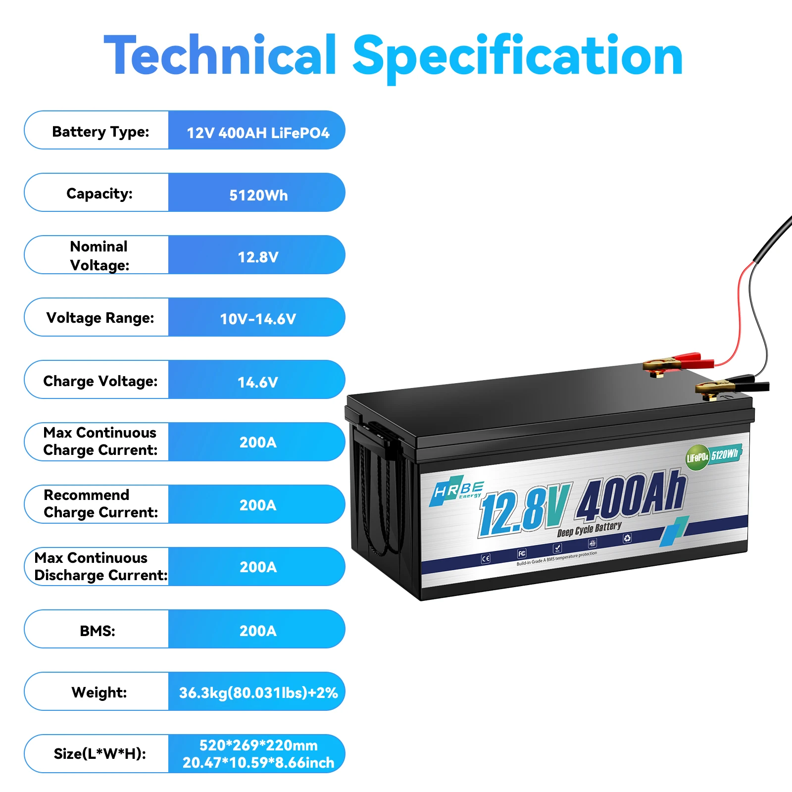 12 V 400 Ah LiFePO4-Lithiumbatterie, Zellen der Güteklasse A, 200 A BMS, max. 5120 Wh Energie mit Niedertemperaturabschaltung, für Wohnmobile, Solaren, Trolling-Motor – Detail 5