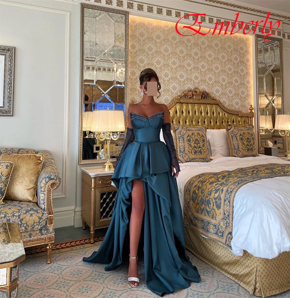 Customized Strapless Satin A-Line Sleeveless Evening Dress Delicate Crystal Party Dresses Sparkly Special Occasion Gowns