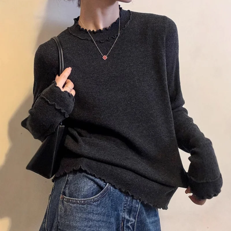 

Женская трикотажная базовая рубашка в корейском стиле, серого цвета, с рюшами, имитирующая комплект из двух предметов, осенне-зимняя, со стильным дизайном.