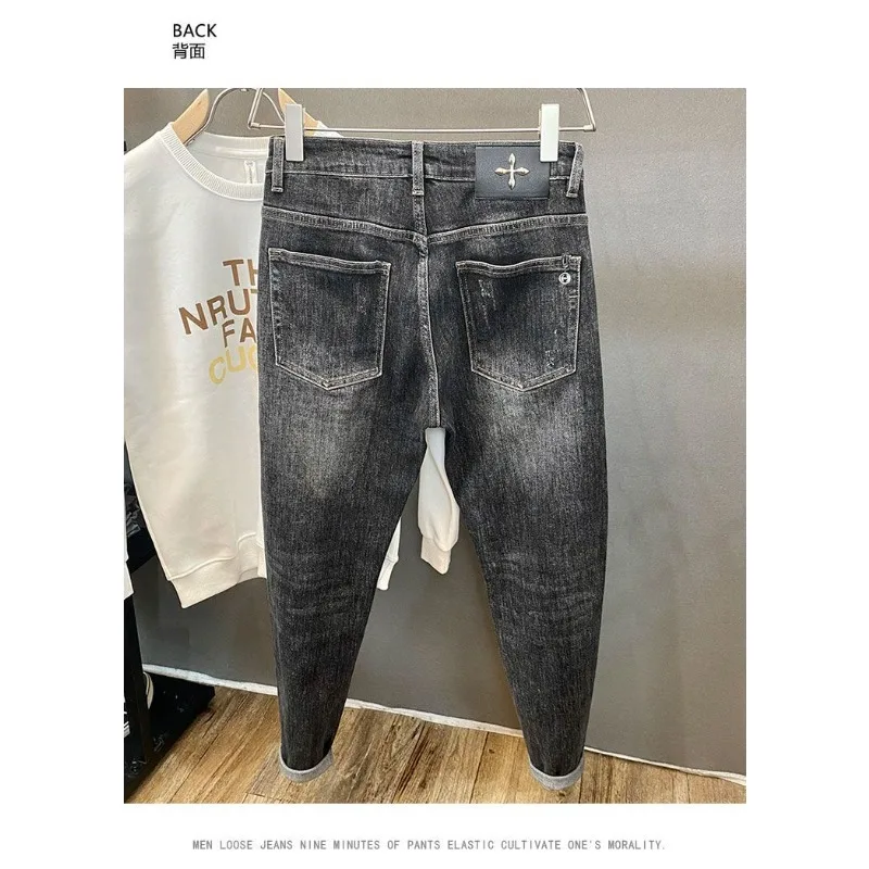 Spring Autumn Fashion Casual Men's Jeans 2025 New Loose Stretch Grey Pants with Patch Holes and Carrot-shaped Long Pants