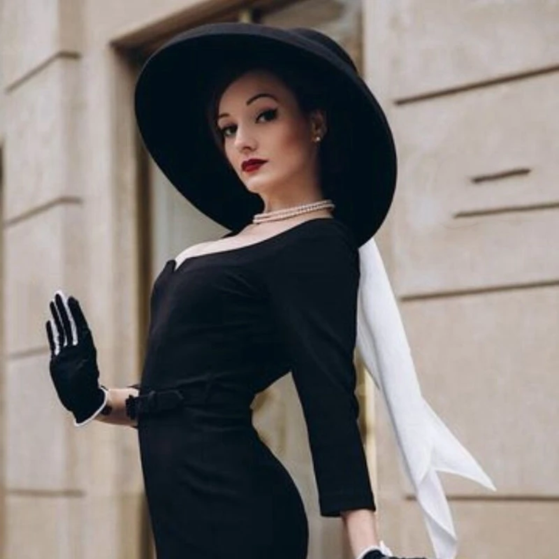 fashion streetstyle black wide brim wool bucket hat female vintage big hat for women looks like Audrey Hepburn