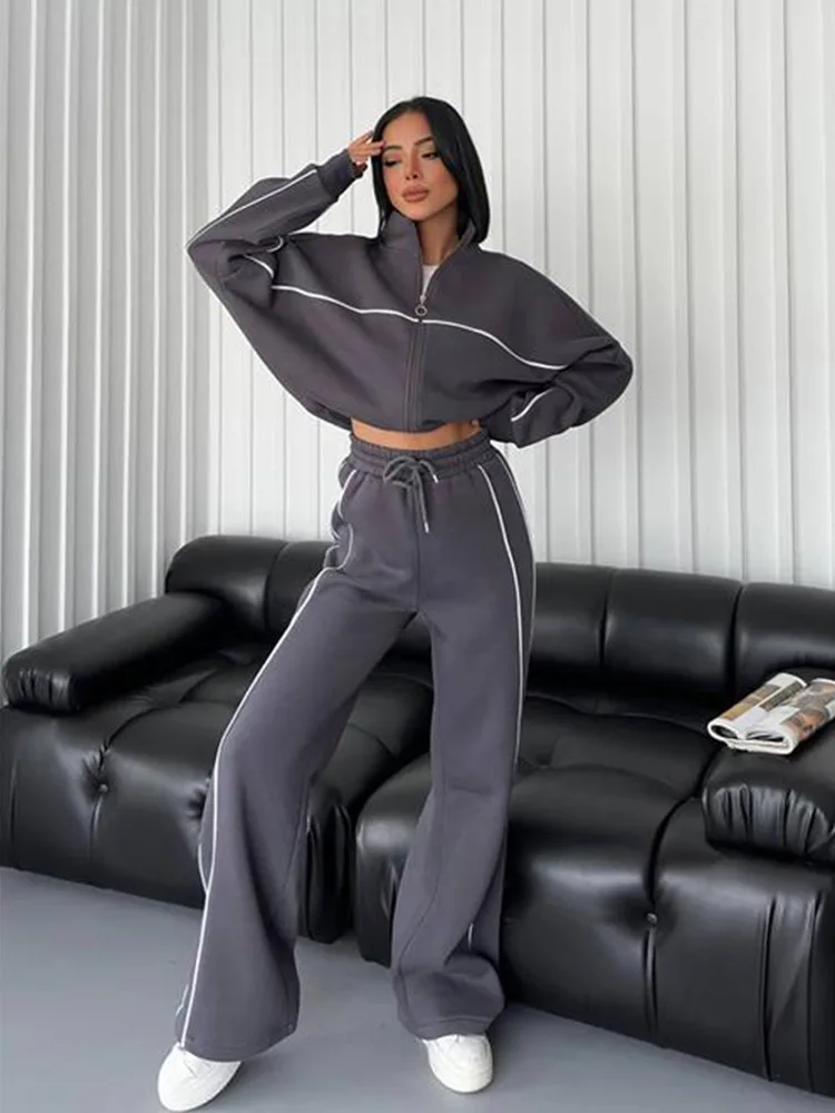 Gothic Oversized Fashion Korean Outfit American Striped Vintage Zipper Pants Baggy Hooded Sports Women\'s Jogging Casual Set 2024