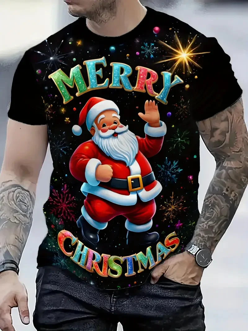 Christmas Element Graphic Tee T-Shirt Cute Santa Claus Pattern Printed Short Sleeve Tee Holiday Casual Comfortable Men Clothes