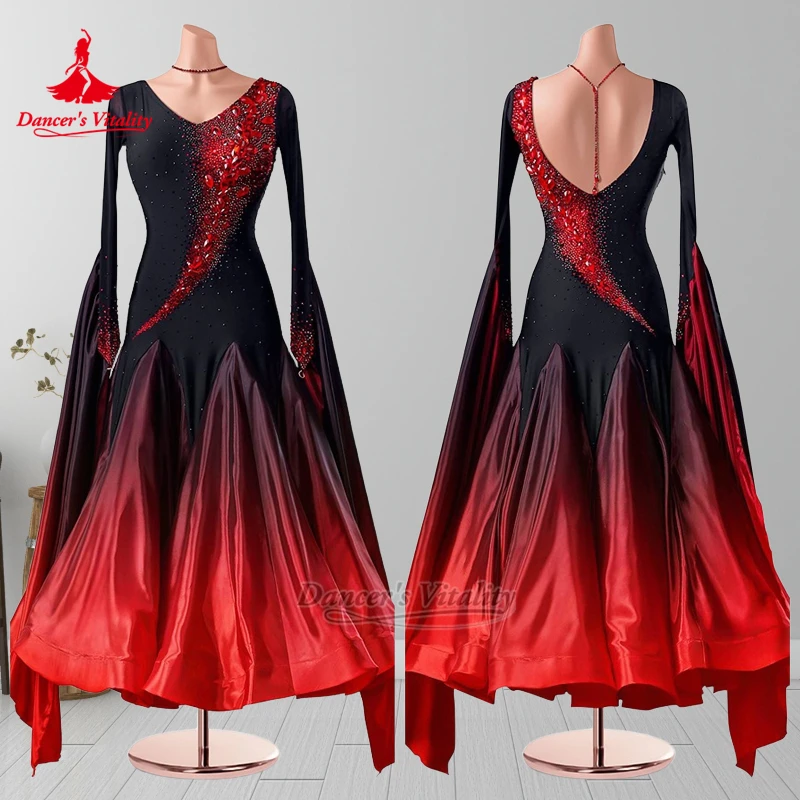 Abito da ballo per sala da ballo a maniche lunghe con sfumatura di colore nero-rosso per adulti Donne personalizzate Foxtrot Abbigliamento professionale Vitality del ballerino
