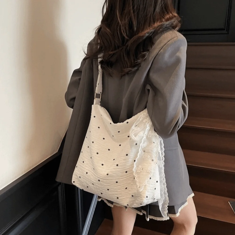 

Модная стильная сумка в горошек с кружевными лентами, милая сумка-мессенджер с цветочным принтом, большая вместительная женская сумка для отдыха, летняя