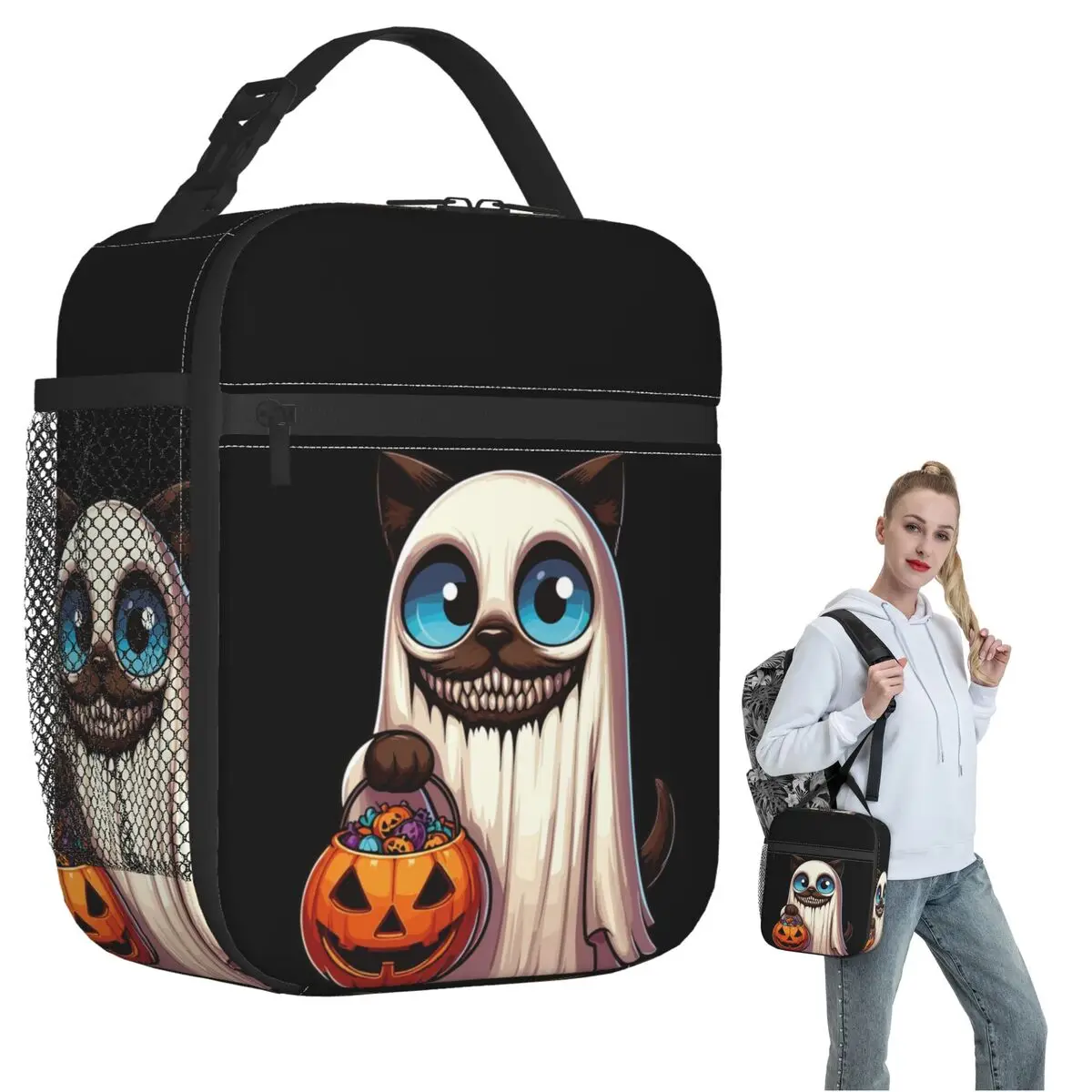 Siamese Cat Scary Halloween Ghost Spooky Pumpkin Candy Insulated Lunch Bag for Women Children Food Boxes Thermal Lunch Box Tote