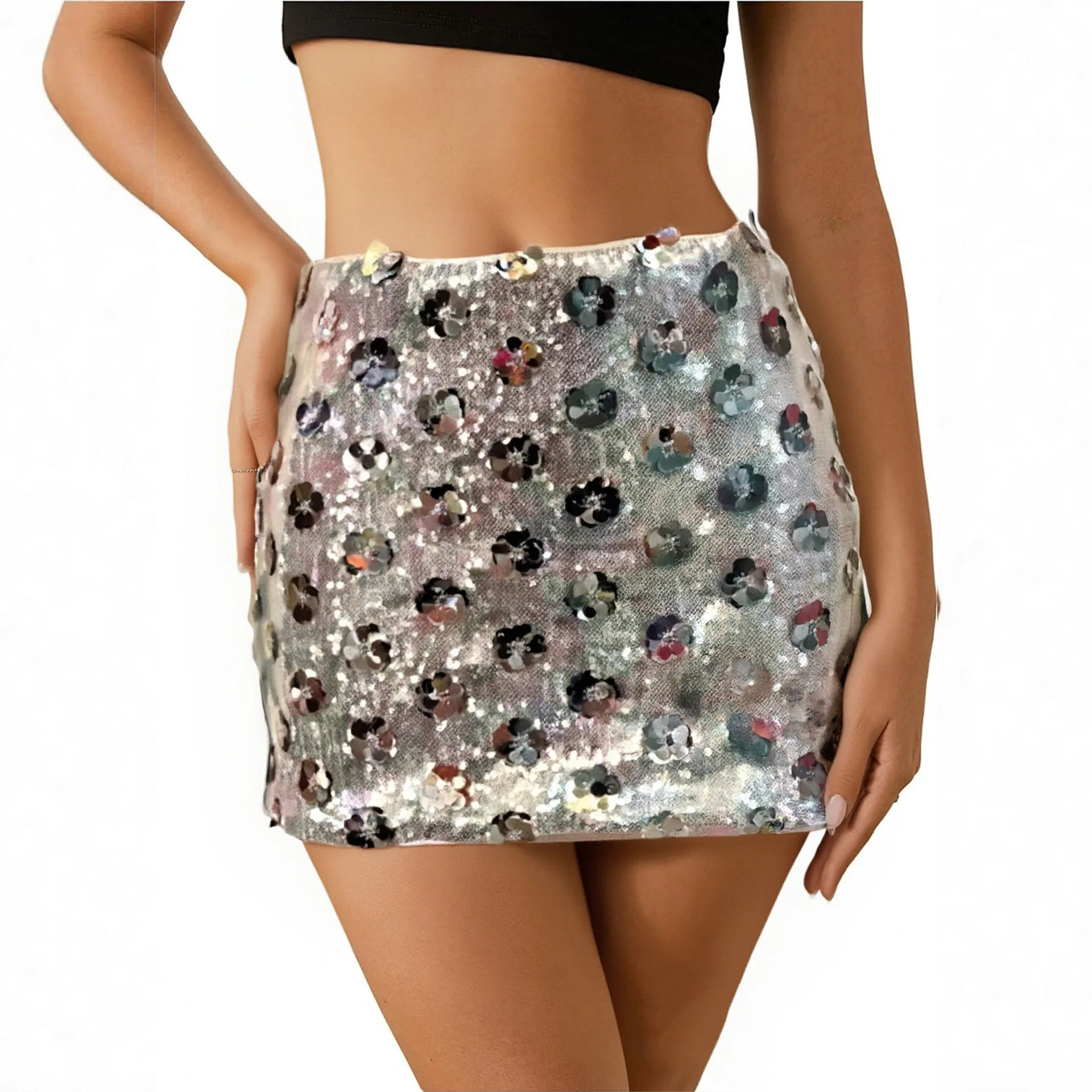 Light Pink 3D Floral Sequin Mini Skirt Glitter Mesh High Waist Bodycon Micro Short Skirt Club Festival Party Bottoms R1JM