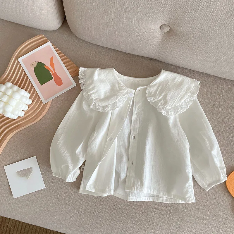 2026 New Spring Flare Collar Solid Infant Girls Shirt for 1-6Y Kid's Bottoming Shirt for Baby Girls Big Lapel Blouse Base Top