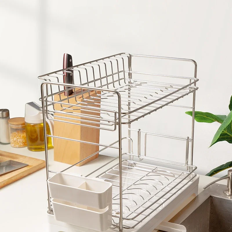 

Bowl Dish Storage Rack 304 Stainless Steel Drain Rack Tabletop 2 Layers Kitchen Shelf with Cutting Board Holder Chopstick Tube