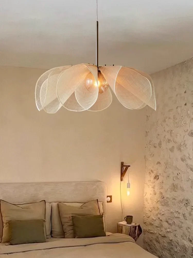 Nordic Fabric Led Flower Pendant Light For Living Room Loft Hanging Lamps Home Decoration Cream Style Dedroom Lustre Chandelier