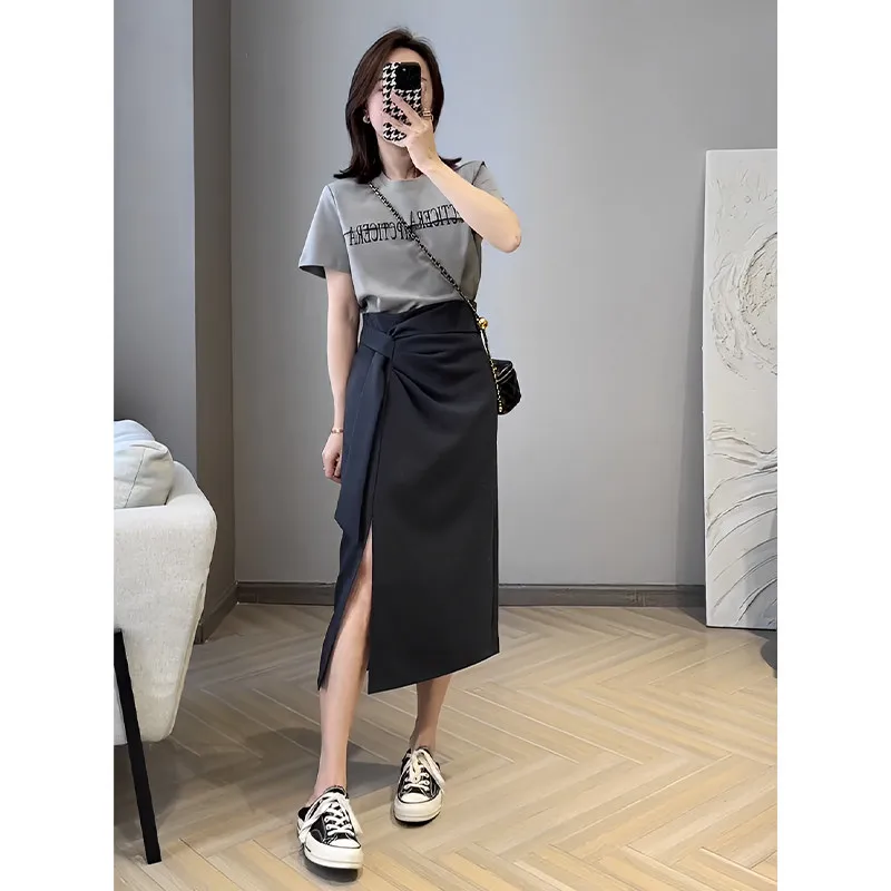 

Повседневный модный комплект: женское летнее платье, новая модная футболка с принтом, короткий рукав, юбка-полусолнце, комплект из двух предметов