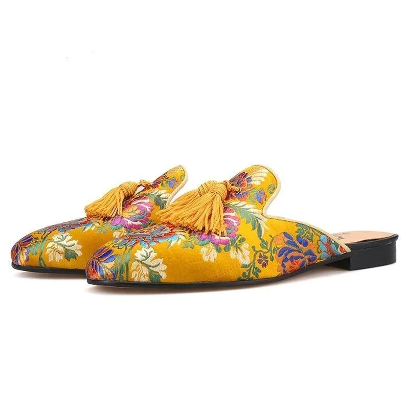New Loafers for Men Yellow Floral Tassels Round Toe Men Dress Shoes Party Men Shoes Size 38-48