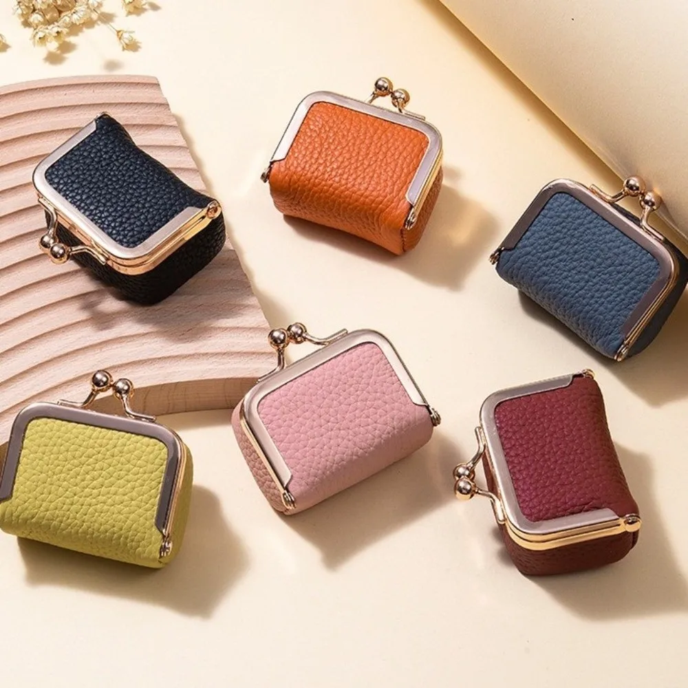Luxus Echtes Leder Kiss Lock Geldbörse Einfarbig Multifunktionale Leder Schmuck Tasche Mini Platz Kleine Artikel Tasche Ohrringe