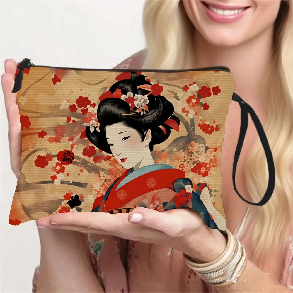 Japanese Geisha-Style Wristlet Makeup Bag with Red Blue Kimono Patterns Featuring Cherry Blossoms, Exuding Exotic Cultural Charm