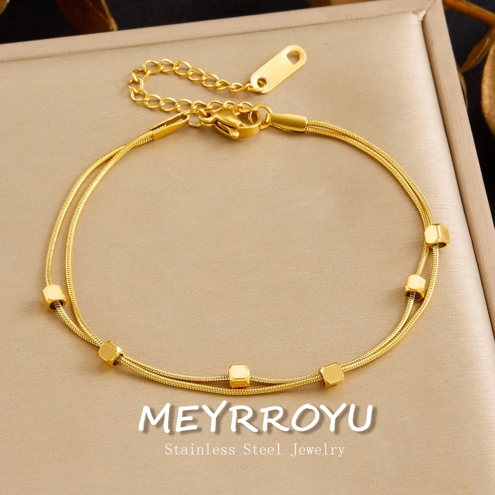 MEYRROYU 316L Stainless Steel Golden Classic Multiple Squares Double layer Rope Chain Bracelet Lady New Non-fading Jewelry
