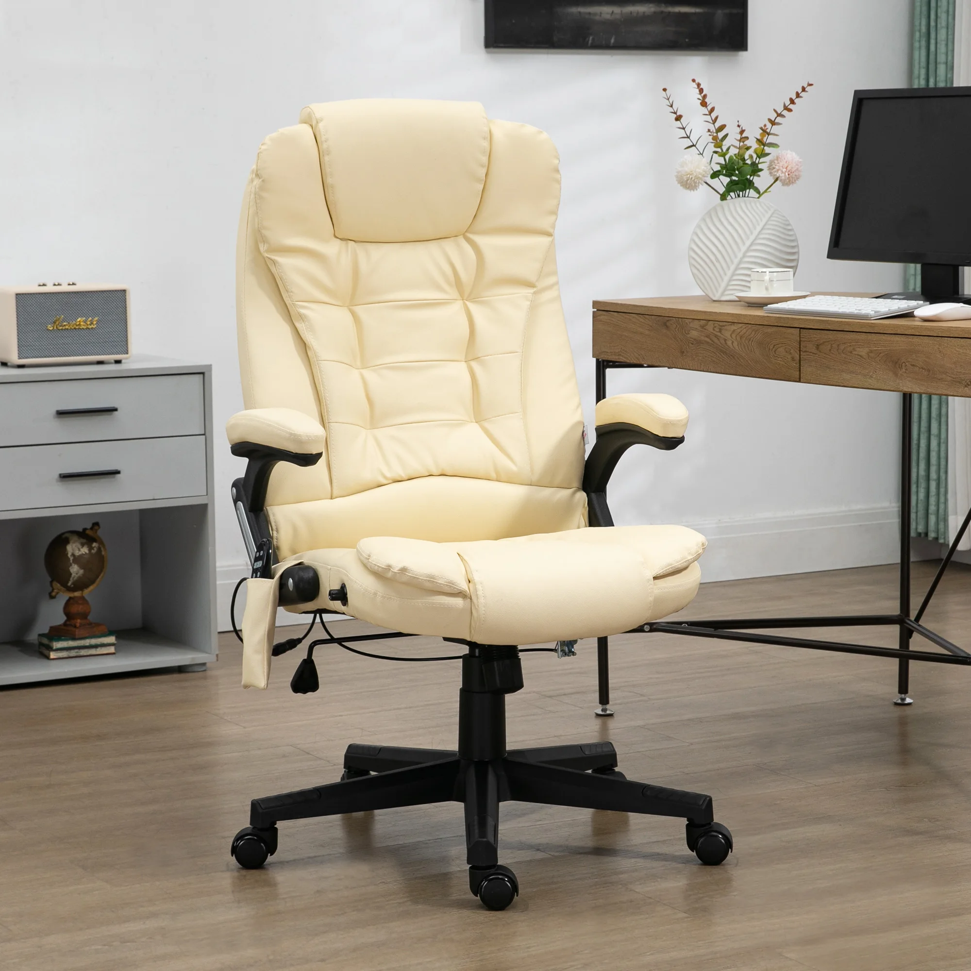 Homcom Massage Office Chair, Heated Reclining Computer Chair with 6 Vibration Points, Armrest and Remote, Beige