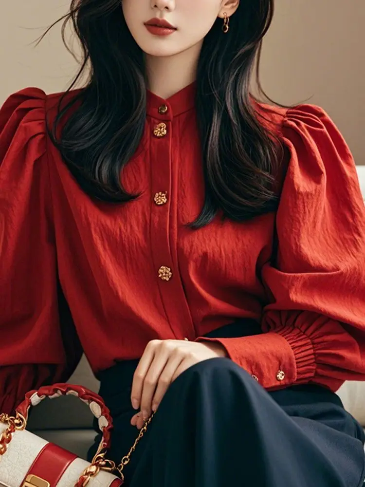 

Early autumn high-end cold top temperament shirt Ankola red wear French red lantern sleeve shirt women
