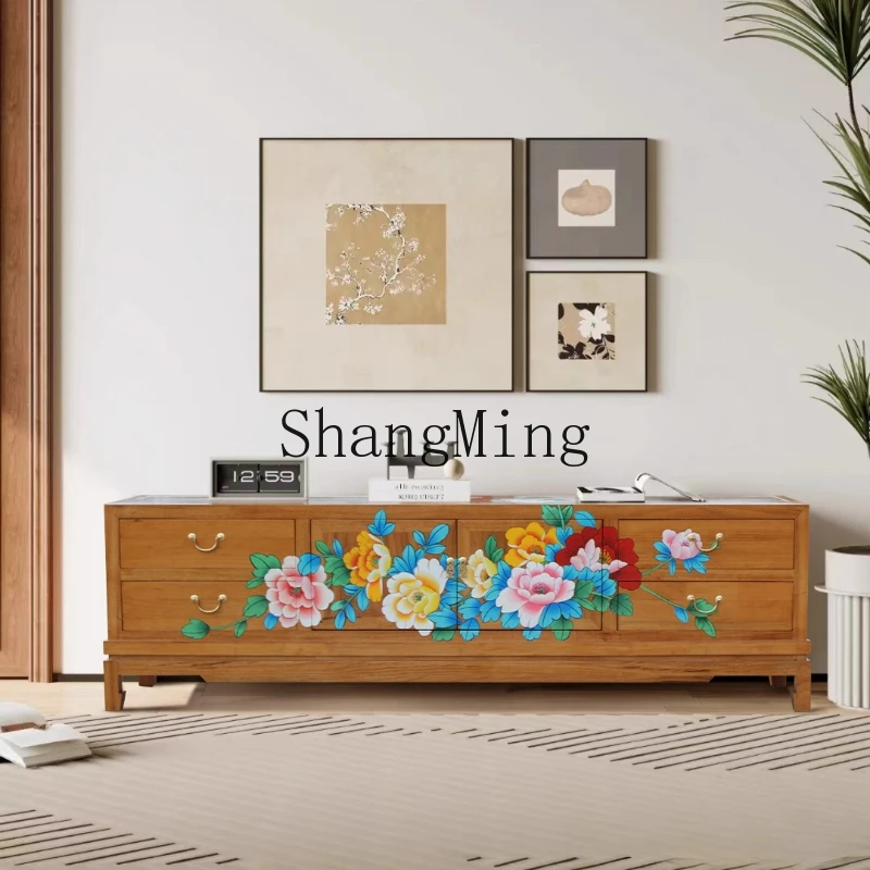 

ZYY Chinese retro solid wood hand-painted flower TV cabinet living room sofa storage decorative cabinet