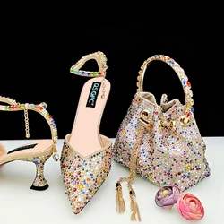 QSGFC New Gold Glitter Fabric Pointed Toe High Heels With A Variety Of Shapes Of Rhinestones Fashion Party Ladies Shoes And Bag