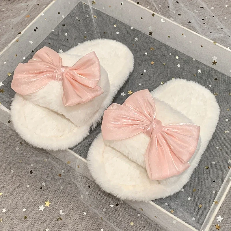 Children's Flurry Flat Slippers Little Girls Home Causal Shoes with Bow Warm Soft Indoor Non-slip Kids Open-toe Plush Slippers