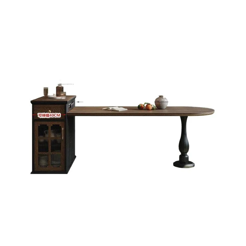 Retro medieval solid wood retractable dining table Island and Taiwan integration, multi-functional storage Zhongdao dining table