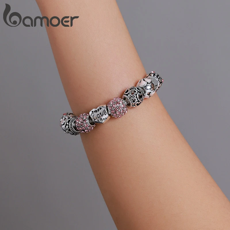 BAMOER Silver Plated Charm Bracelet & Bangle with Love and Flower Beads Women Wedding Jewelry 4 Colors 18CM 20CM 21CM PA1455