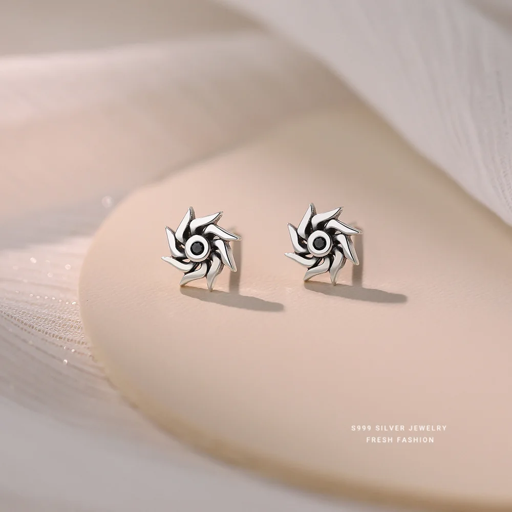 

Punk Trend Hip-hop Vintage Sun S999 Pure Silver Stud Earrings For Couples Sweet And Cool Jewelry
