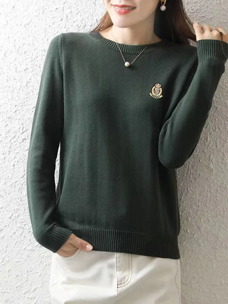 Pull en tricot court à col rond pour femme, 100% coton, manches longues, manteau élastique, mince et chaud, style coréen Harajuku, hiver