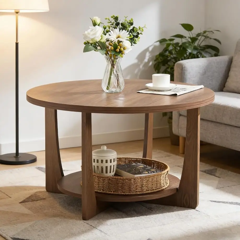 

31.5'' Round Coffee Table Solid Pine Legs 2-Tier Storage Shelf Rustic Modern Living Room Walnut Customized