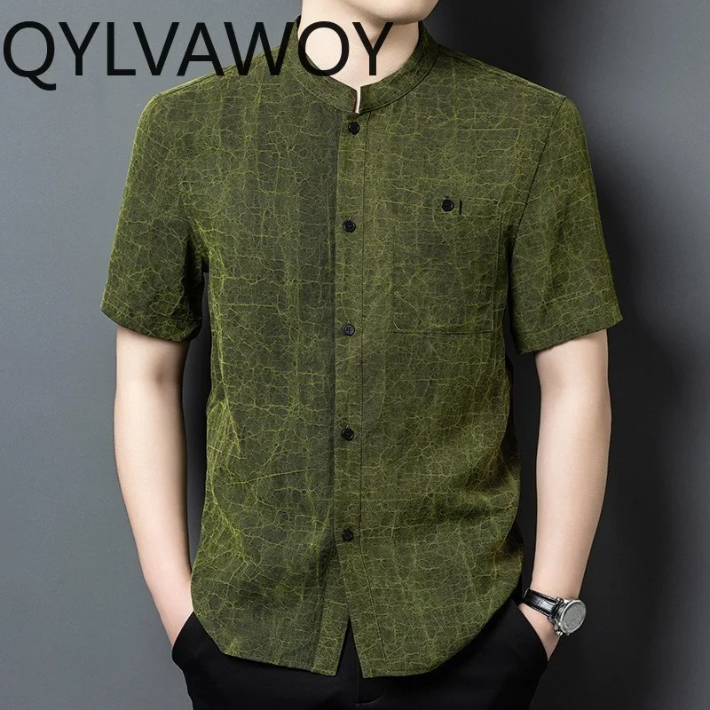 QYLVAWOY Men's Shirts Summer Tops 100% Natural Mulberry Silk Shirts Short Sleeve Chinese Menswear Clothing Double Sided Wearable