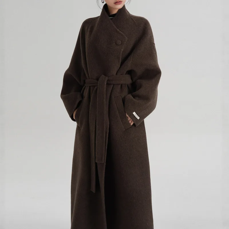 EAEOVNI معطف طويل أنيق من الصوف للنساء موضة الوقوف طوق بلون حزام متجمع الخصر الشتاء مزاجه سترة 2026 جديد #4