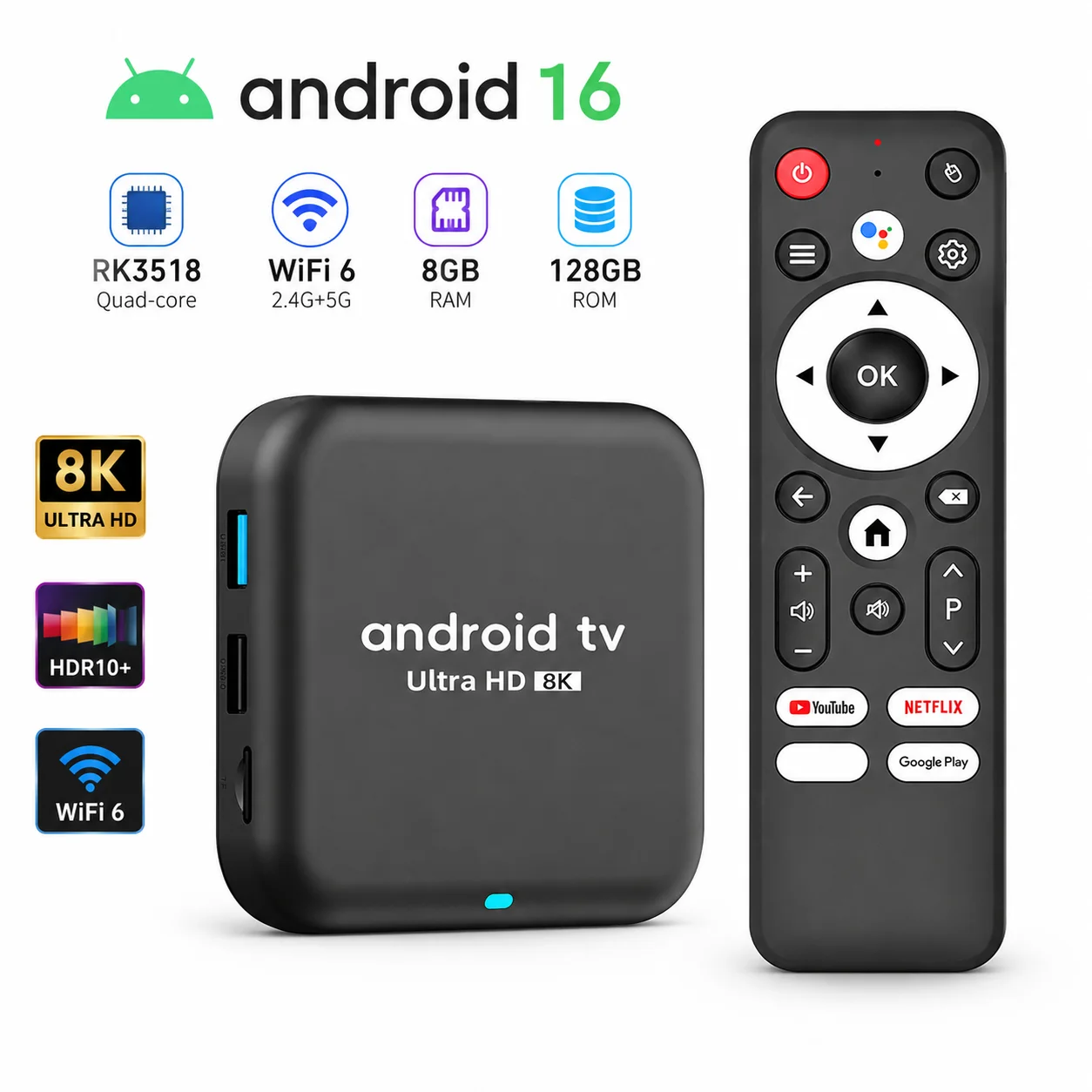 

Android 16.0 TV Box RK3518 8K Smart Set Top Box WiFi 6 Bluetooth 5.4 Ultra HD 16G 32G 64G 128G Media Player 4K Streaming Device