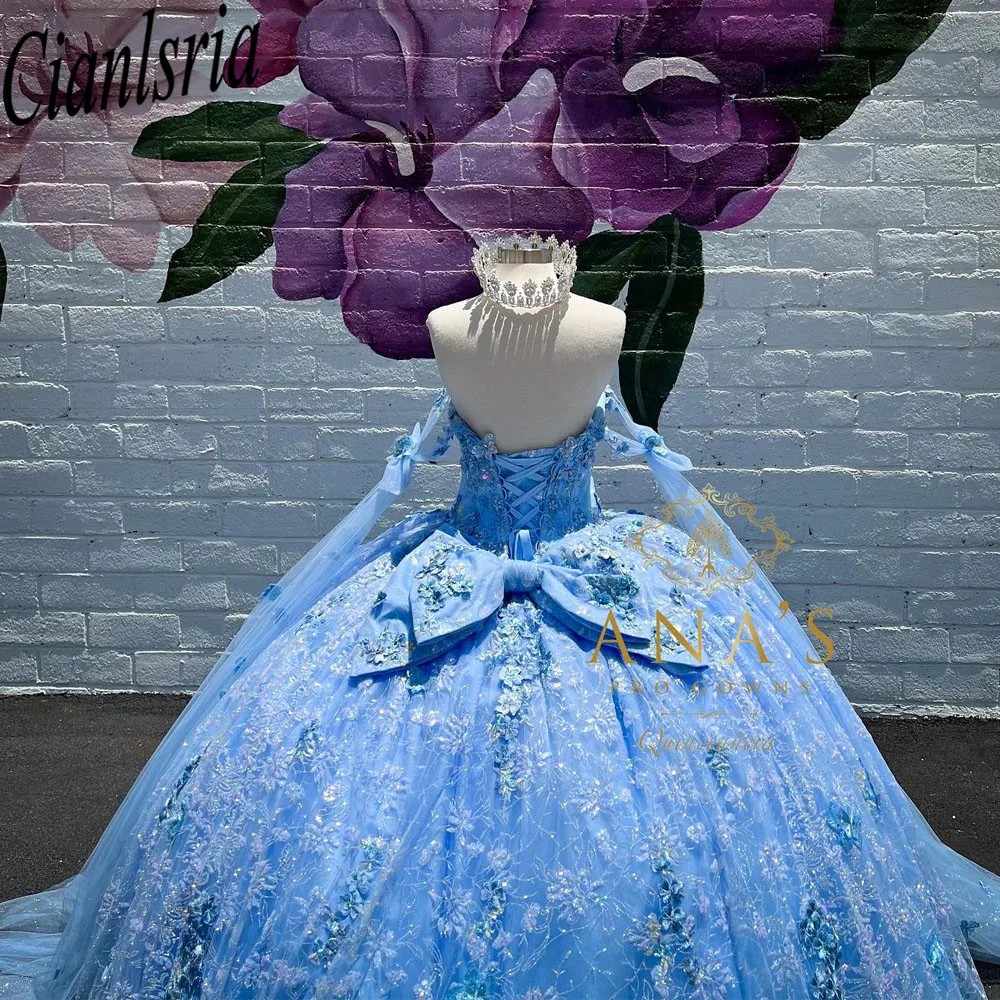 Блестящее небесно-Голубое Бальное платье принцессы, платья для Quinceanera 2023, аппликации на тонких бретелях, милое блестящее платье 15 лет