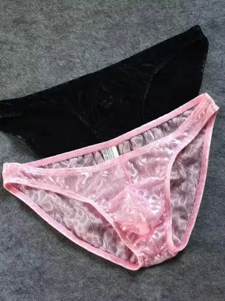 

Men's Low Waist Tight Fitting Underwear Summer Lace Hollow out Transparent Elastic Sexy Embroidered Pink e orts
