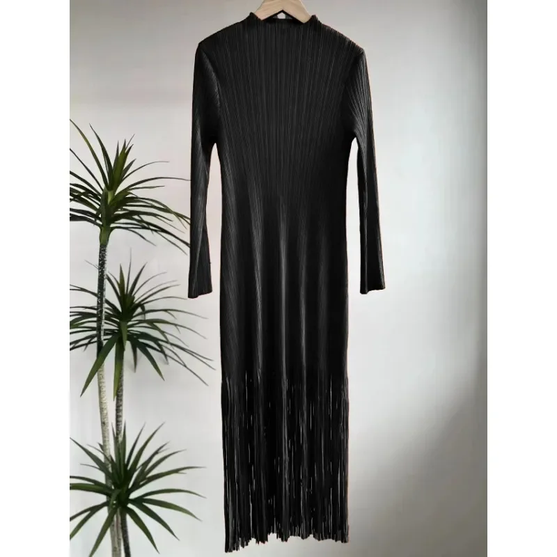 

ALSEY Miyake Pleated Tassels Tight Elastic Mid Length Elegant Women's Dress Summer New Casual Commuter Maxi Long Sleeved Dresses