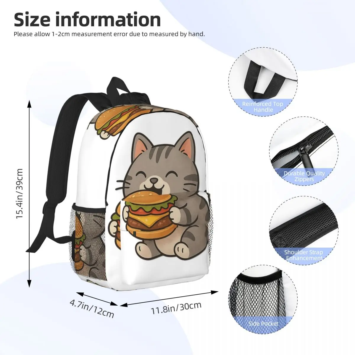 A Cat Eating A Hamburger Backpack Daypack Large Capacity Boys Girls BookBag Shoulder Bags for Men Women Children School Bag
