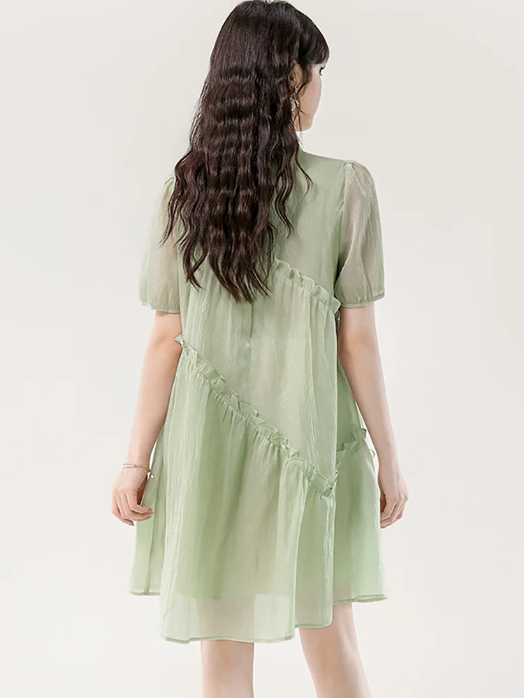 サマーグリーン半袖スタンドカラーミニドレス レディース エレガントカジュアル ラッフルドレス 2025 韓国ファッション ルーズウエスト プロムドレス