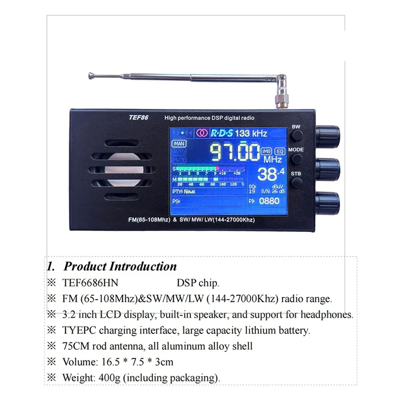 

B30C-TEF6686 FM(65-108Mhz)&SW/MW/LW(144-27000Khz) DSP Radio Receiver RDS With Battery Durable Black