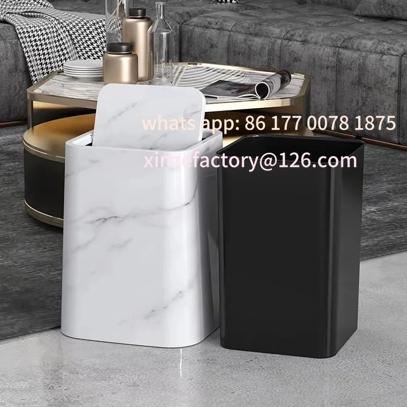 Customizable Flip Up Trash Can New Style Waste Cleaning Tools with Lid Cover Large Size Imitation Marble Pattern Storage Bin Bed