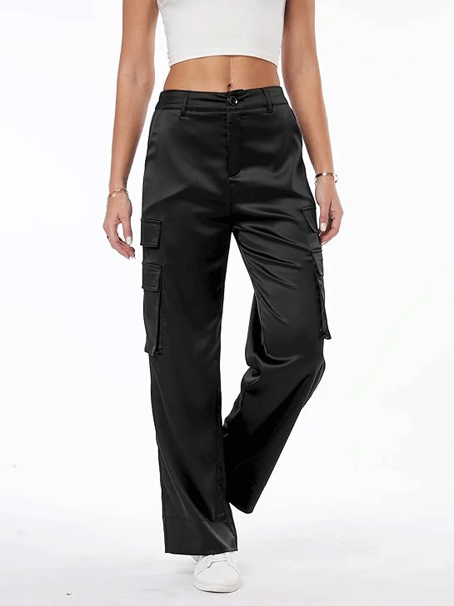 

Женская черная модная рабочая одежда со светоотражающей текстурой, широкие повседневные прямые джинсы, рабочая одежда с большим карманом