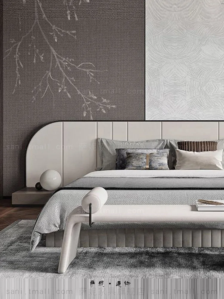 Fabric double bed, master bedroom cloth soft bed, double bed in contrasting color premium gray model room image 3