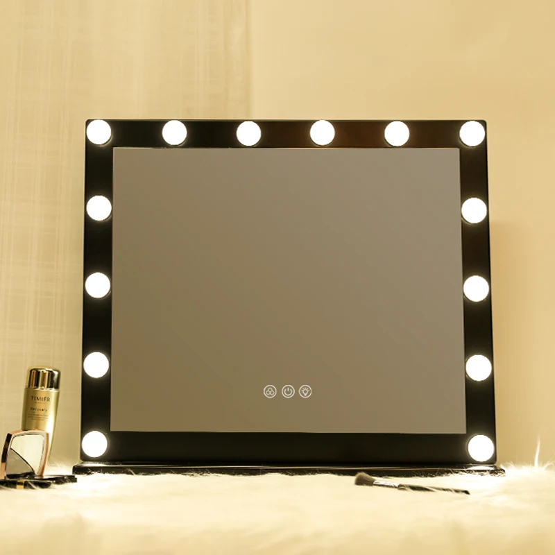 Touchscreen 14 Pcs Led Lights Square Cosmetic Makeup Black Large Table Desktop Vanity Mirror with Light Bulbs