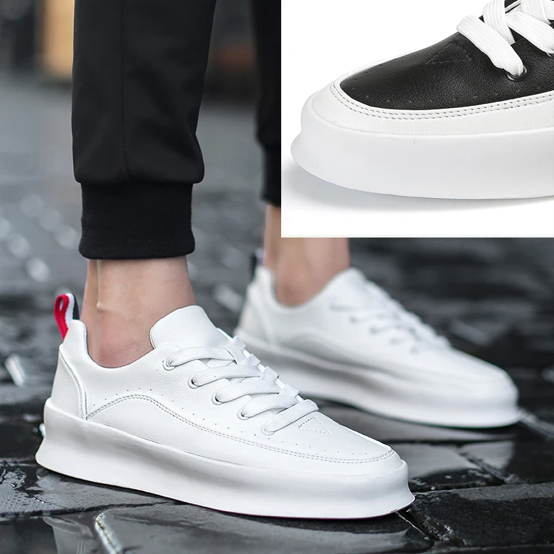 Zapatos informales blancos para hombre, zapatos de tablero de cuero con parte inferior gruesa, zapatillas de skate suaves y transpirables, zapatos